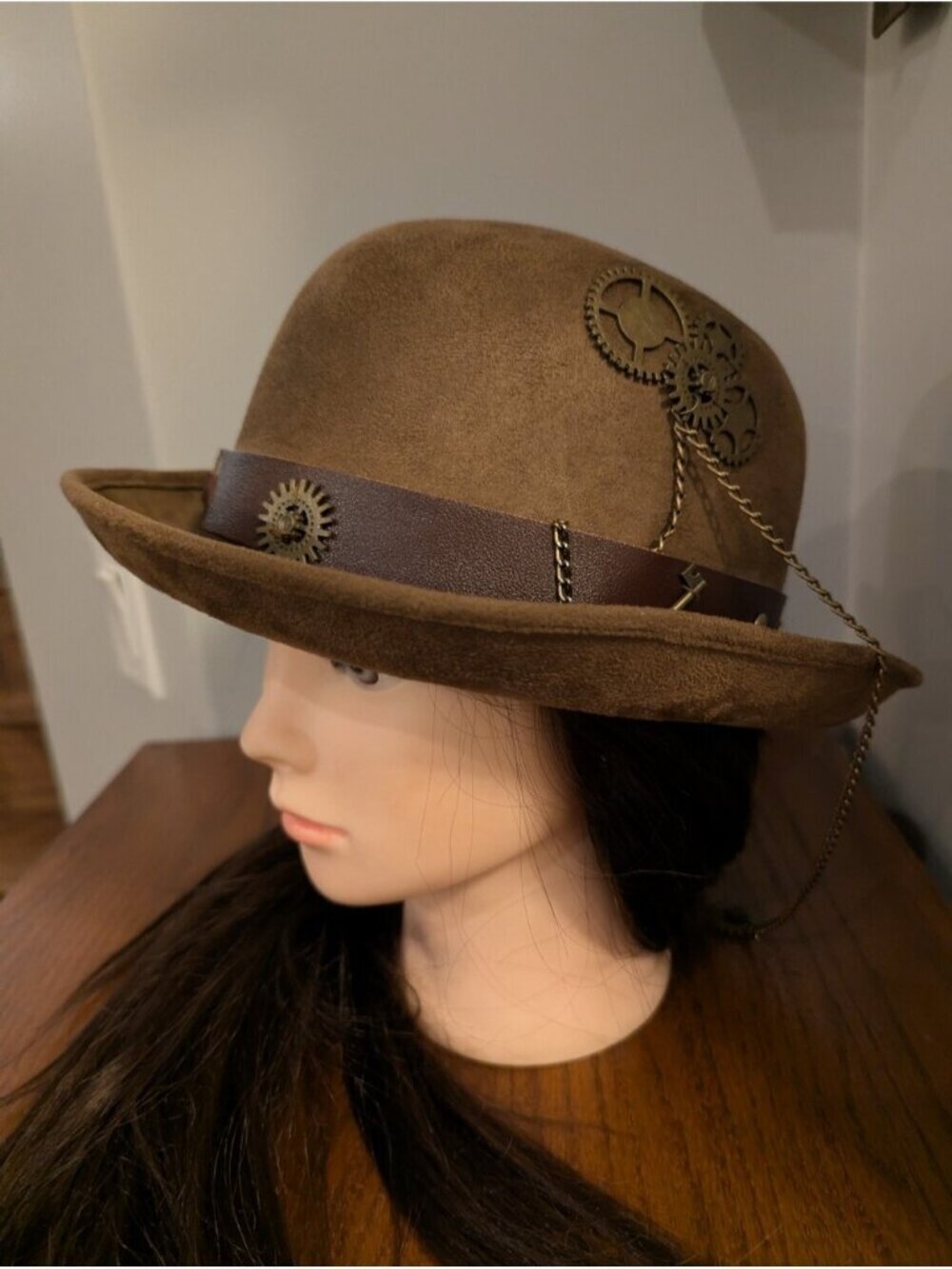 Steampunk Hat with gears Chain & Ammo, Brown bowler hat Renaissance Unisex OS - Picture 9 of 11